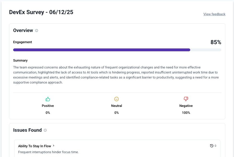 ScatterSpoke's AI summary of a developer experience (DevEx) survey.