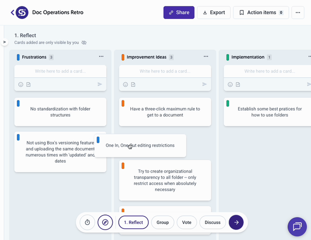 ScatterSpoke retro board with card moving across columns
