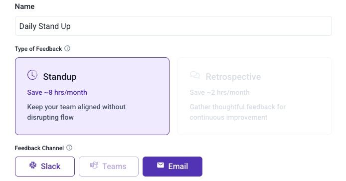 Daily Stand Up configuration view showing Slack, Microsoft Teams, and Email as Feedback Channels.