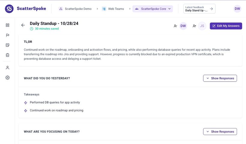 ScatterSpoke Daily Standup summary view