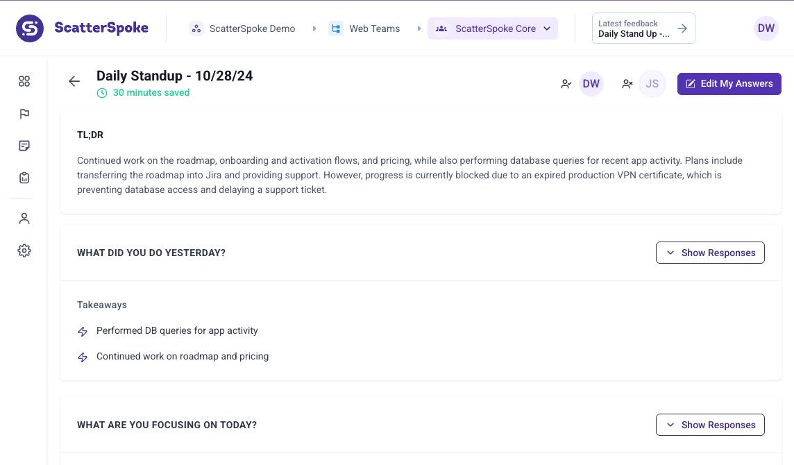 AI summary of a Daily Stand Up in ScatterSpoke